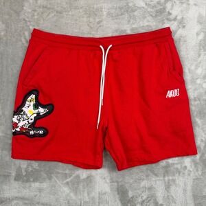 AKOO Mens Red Graphic Patch Sweat Shorts XXL Cotton Blend Drawstring Streetwear